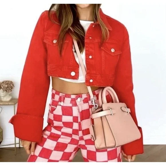 Zara Cropped Denim Jacket Dark Orange Size S Blogger Fav Cotton - Picture 1 of 8